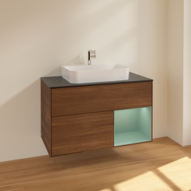 Тумба под раковину Villeroy & Boch Finion 100х50,1 см с подсветкой МДФ шпон грецкого ореха/стекло черное матовое F372GMGN