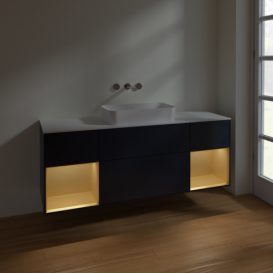 Тумба под раковину Villeroy & Boch Finion 160х50,1 см с подсветкой МДФ темно-синий матовый лак/стекло белое матовое F741HFHG