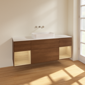 Тумба под раковину Villeroy & Boch Finion 160х50,1 см с подсветкой МДФ шпон грецкого ореха/стекло белое матовое F741PCGN