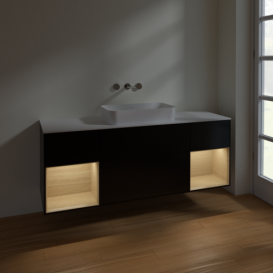 Тумба под раковину Villeroy & Boch Finion 160х50,1 см с подсветкой МДФ черный матовый лак/стекло белое матовое F741PCPD