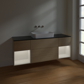 Тумба под раковину Villeroy & Boch Finion 160х50,1 см с подсветкой МДФ шпон дуба/стекло черное матовое F742GFPC