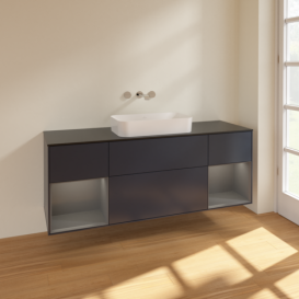 Тумба под раковину Villeroy & Boch Finion 160х50,1 см с подсветкой МДФ темно-синий матовый лак/стекло черное матовое F742GKHG