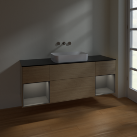 Тумба под раковину Villeroy & Boch Finion 160х50,1 см с подсветкой МДФ шпон дуба/стекло черное матовое F742GKPC