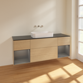 Тумба под раковину Villeroy & Boch Finion 160х50,1 см с подсветкой МДФ шпон дуба/стекло черное матовое F742GKPC