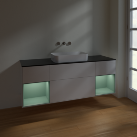 Тумба под раковину Villeroy & Boch Finion 160х50,1 см с подсветкой МДФ глянцевый белый лак/стекло черное матовое F742GMGF