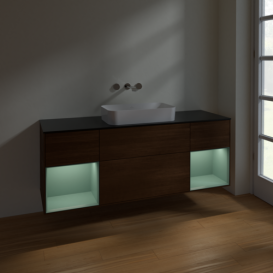 Тумба под раковину Villeroy & Boch Finion 160х50,1 см с подсветкой МДФ шпон грецкого ореха/стекло черное матовое F742GMGN