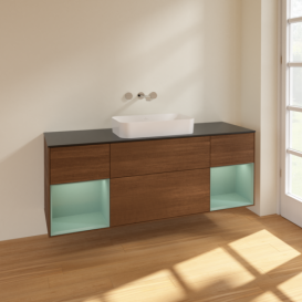 Тумба под раковину Villeroy & Boch Finion 160х50,1 см с подсветкой МДФ шпон грецкого ореха/стекло черное матовое F742GMGN