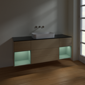 Тумба под раковину Villeroy & Boch Finion 160х50,1 см с подсветкой МДФ шпон дуба/стекло черное матовое F742GMPC