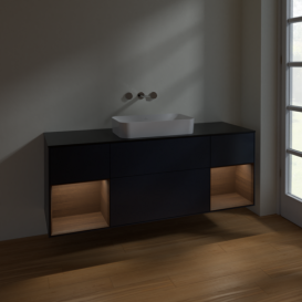 Тумба под раковину Villeroy & Boch Finion 160х50,1 см с подсветкой МДФ темно-синий матовый лак/стекло черное матовое F742GNHG