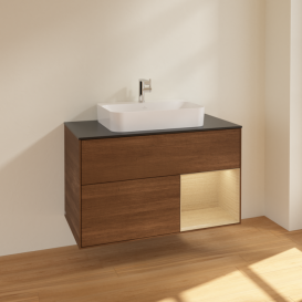 Тумба под раковину Villeroy & Boch Finion 100х50,1 см с подсветкой МДФ шпон грецкого ореха/стекло черное матовое F372PCGN