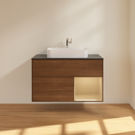 Тумба под раковину Villeroy & Boch Finion 100х50,1 см с подсветкой МДФ шпон грецкого ореха/стекло черное матовое F372PCGN