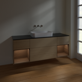 Тумба под раковину Villeroy & Boch Finion 160х50,1 см с подсветкой МДФ шпон дуба/стекло черное матовое F742GNPC