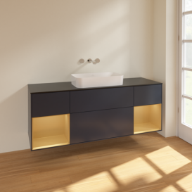 Тумба под раковину Villeroy & Boch Finion 160х50,1 см с подсветкой МДФ темно-синий матовый лак/стекло черное матовое F742HFHG