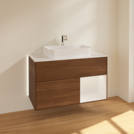 Тумба под раковину Villeroy & Boch Finion 100х50,1 см с подсветкой МДФ шпон грецкого ореха/стекло белое матовое G371GFGN