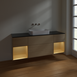 Тумба под раковину Villeroy & Boch Finion 160х50,1 см с подсветкой МДФ шпон дуба/стекло черное матовое F742HFPC