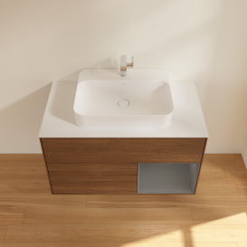 Тумба под раковину Villeroy & Boch Finion 100х50,1 см с подсветкой МДФ шпон грецкого ореха/стекло белое матовое G371GKGN