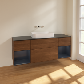 Тумба под раковину Villeroy & Boch Finion 160х50,1 см с подсветкой МДФ шпон грецкого ореха/стекло черное матовое F742HGGN