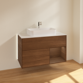 Тумба под раковину Villeroy & Boch Finion 100х50,1 см с подсветкой МДФ шпон грецкого ореха/стекло белое матовое G371GNGN