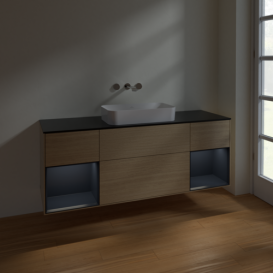 Тумба под раковину Villeroy & Boch Finion 160х50,1 см с подсветкой МДФ шпон дуба/стекло черное матовое F742HGPC