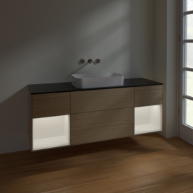 Тумба под раковину Villeroy & Boch Finion 160х50,1 см с подсветкой МДФ шпон дуба/стекло черное матовое F742MTPC