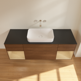 Тумба под раковину Villeroy & Boch Finion 160х50,1 см с подсветкой МДФ шпон грецкого ореха/стекло черное матовое F742PCGN