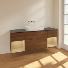 Тумба под раковину Villeroy & Boch Finion 160х50,1 см с подсветкой МДФ шпон грецкого ореха/стекло черное матовое F742PCGN