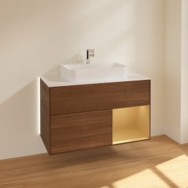 Тумба под раковину Villeroy & Boch Finion 100х50,1 см с подсветкой МДФ шпон грецкого ореха/стекло белое матовое G371HFGN