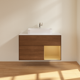 Тумба под раковину Villeroy & Boch Finion 100х50,1 см с подсветкой МДФ шпон грецкого ореха/стекло белое матовое G371HFGN