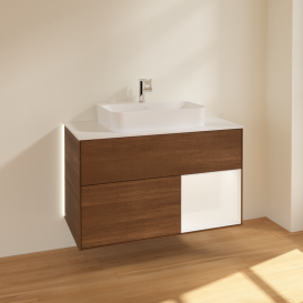 Тумба под раковину Villeroy & Boch Finion 100х50,1 см с подсветкой МДФ шпон грецкого ореха/стекло белое матовое G371MTGN