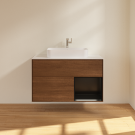 Тумба под раковину Villeroy & Boch Finion 100х50,1 см с подсветкой МДФ шпон грецкого ореха/стекло белое матовое G371PDGN