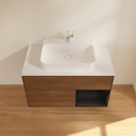 Тумба под раковину Villeroy & Boch Finion 100х50,1 см с подсветкой МДФ шпон грецкого ореха/стекло белое матовое G371PDGN