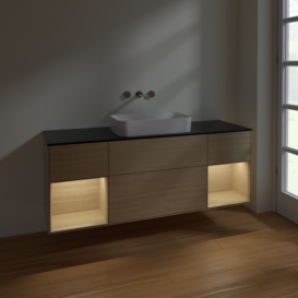 Тумба под раковину Villeroy & Boch Finion 160х50,1 см с подсветкой МДФ шпон дуба/стекло черное матовое F742PCPC