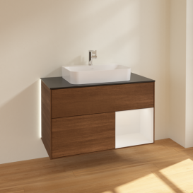 Тумба под раковину Villeroy & Boch Finion 100х50,1 см с подсветкой МДФ шпон грецкого ореха/стекло черное матовое G372GFGN