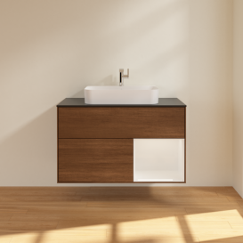 Тумба под раковину Villeroy & Boch Finion 100х50,1 см с подсветкой МДФ шпон грецкого ореха/стекло черное матовое G372GFGN