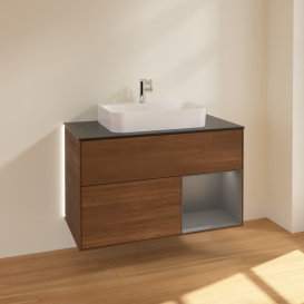 Тумба под раковину Villeroy & Boch Finion 100х50,1 см с подсветкой МДФ шпон грецкого ореха/стекло черное матовое G372GKGN