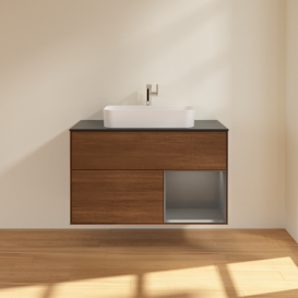 Тумба под раковину Villeroy & Boch Finion 100х50,1 см с подсветкой МДФ шпон грецкого ореха/стекло черное матовое G372GKGN