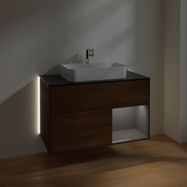 Тумба под раковину Villeroy & Boch Finion 100х50,1 см с подсветкой МДФ шпон грецкого ореха/стекло черное матовое G372GKGN