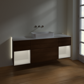 Тумба под раковину Villeroy & Boch Finion 160х50,1 см с подсветкой МДФ шпон грецкого ореха/стекло белое матовое G741GFGN