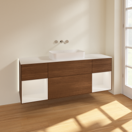 Тумба под раковину Villeroy & Boch Finion 160х50,1 см с подсветкой МДФ шпон грецкого ореха/стекло белое матовое G741GFGN