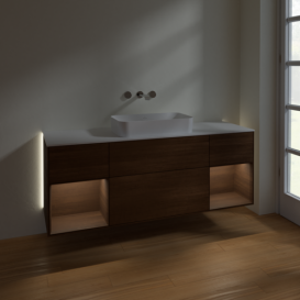 Тумба под раковину Villeroy & Boch Finion 160х50,1 см с подсветкой МДФ шпон грецкого ореха/стекло белое матовое G741GNGN