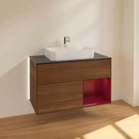 Тумба под раковину Villeroy & Boch Finion 100х50,1 см с подсветкой МДФ шпон грецкого ореха/стекло черное матовое G372HBGN