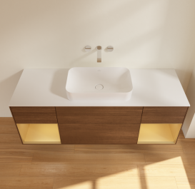 Тумба под раковину Villeroy & Boch Finion 160х50,1 см с подсветкой МДФ шпон грецкого ореха/стекло белое матовое G741HFGN