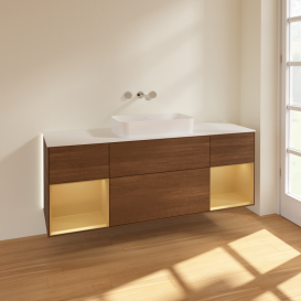 Тумба под раковину Villeroy & Boch Finion 160х50,1 см с подсветкой МДФ шпон грецкого ореха/стекло белое матовое G741HFGN