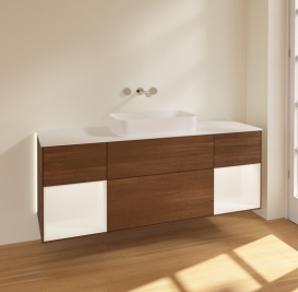 Тумба під раковину Villeroy & Boch Finion 160х50,1 см із підсвічуванням МДФ шпон волоського горіха/скло біле матове G741MTGN