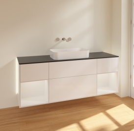 Тумба под раковину Villeroy & Boch Finion 160х50,1 см с подсветкой МДФ глянцевый белый лак/стекло черное матовое G742GFGF