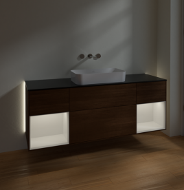 Тумба под раковину Villeroy & Boch Finion 160х50,1 см с подсветкой МДФ шпон грецкого ореха/стекло черное матовое G742GFGN