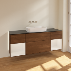 Тумба под раковину Villeroy & Boch Finion 160х50,1 см с подсветкой МДФ шпон грецкого ореха/стекло черное матовое G742GFGN