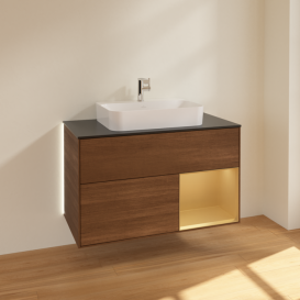 Тумба под раковину Villeroy & Boch Finion 100х50,1 см с подсветкой МДФ шпон грецкого ореха/стекло черное матовое G372HFGN