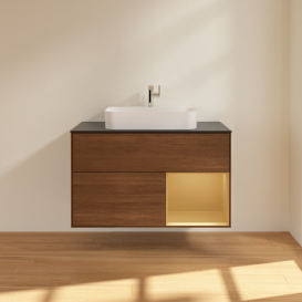 Тумба под раковину Villeroy & Boch Finion 100х50,1 см с подсветкой МДФ шпон грецкого ореха/стекло черное матовое G372HFGN