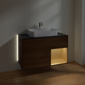 Тумба под раковину Villeroy & Boch Finion 100х50,1 см с подсветкой МДФ шпон грецкого ореха/стекло черное матовое G372HFGN